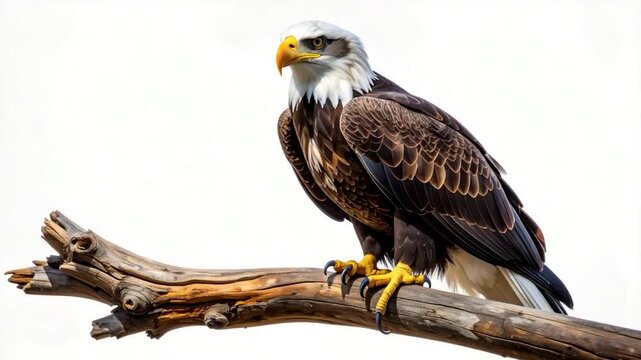 Bald eagle perches proudly on a weathered branch, against bright sky