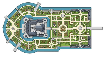 Top-down vector illustration of a medieval castle with a moat, formal gardens, bridges, and intricate landscaping, ideal for historical maps and architectural designs © 爱心