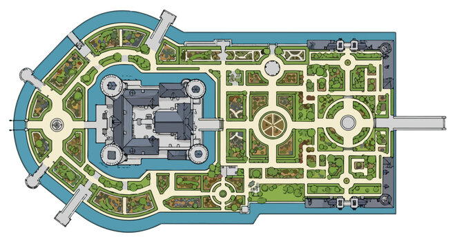 Top-down vector illustration of a medieval castle with a moat, formal gardens, bridges, and intricate landscaping, ideal for historical maps and architectural designs