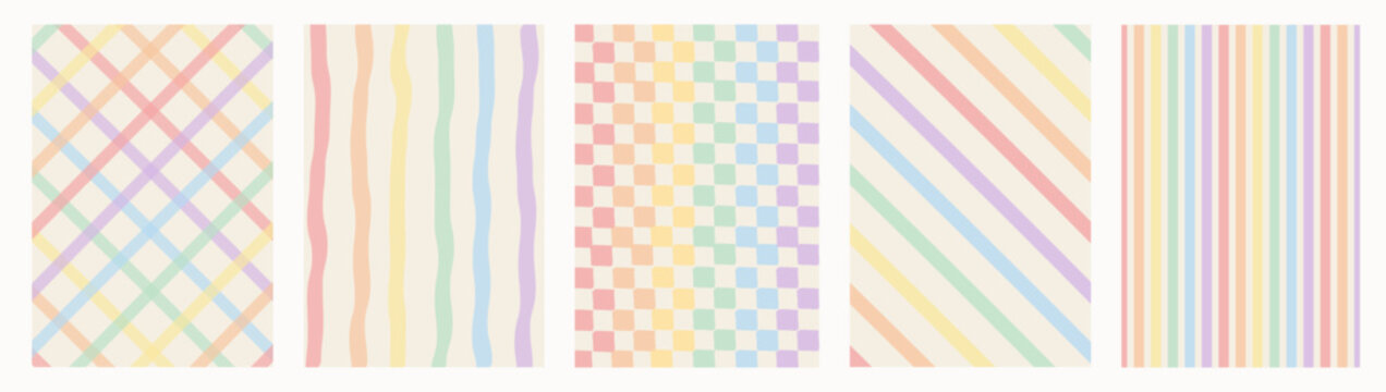 Pastel rainbow stripe and checkerboard pattern collection. Set of retro hand-drawn backgrounds. Vertical, diagonal, and plaid designs. Cute aesthetic bundle for pride and decor. Vector illustration.