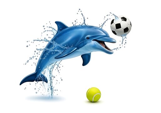 A dolphin jumping out of the water to headbutt a soccer ball