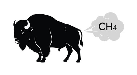 Obraz premium Black silhouette of a bison or buffalo emitting methane gas (CH4) from its rear, symbolizing livestock's environmental impact vector illustration