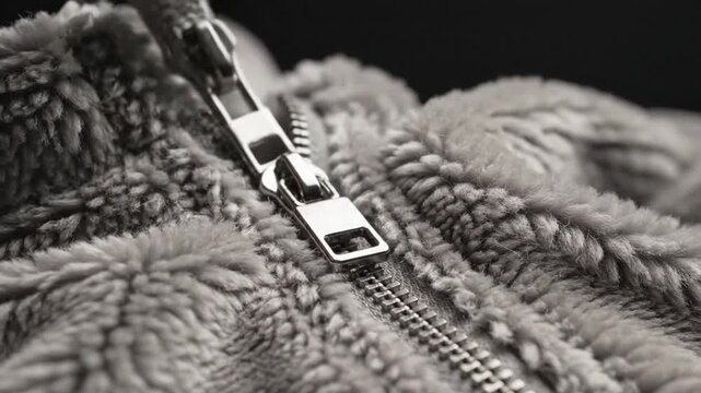 Closeup of Zipper on Fleece Jacket Being Zipped.