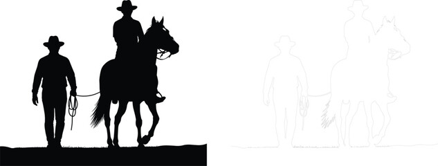 Fototapeta premium Cowboy with Horse Silhouette - Man Leading Horse and Riding Vector Illustration Isolated on White