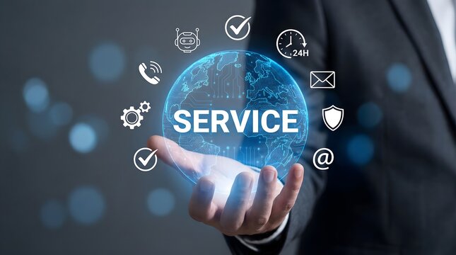 A businessman presenting a global service concept with icons and a blue globe