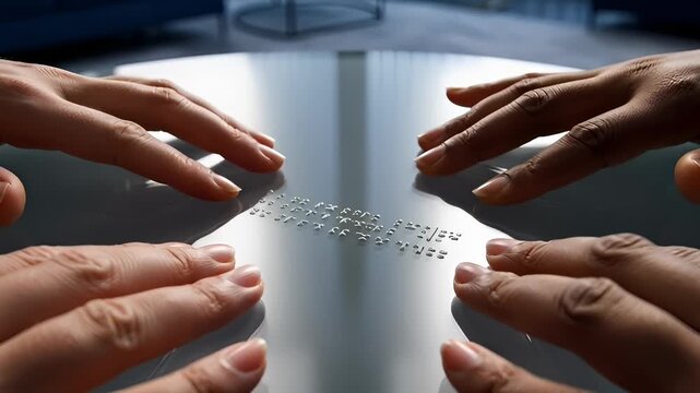 Close Up of Hands Touching and Reading Braille Text on a Modern Glass Table