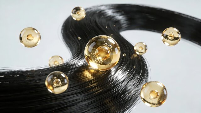 Jet-black hair strands interweave with golden molecular structure nourishing liquid, intuitively showing the technological nourishment and strong glossy texture of hair care, making it a material imag