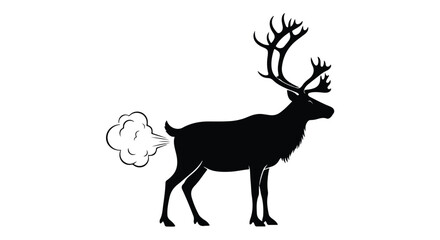Black silhouette of a reindeer or caribou with large antlers, standing sideways and emitting a cartoon-style white fart cloud from its rear, isolated on a clean white background © 爱心