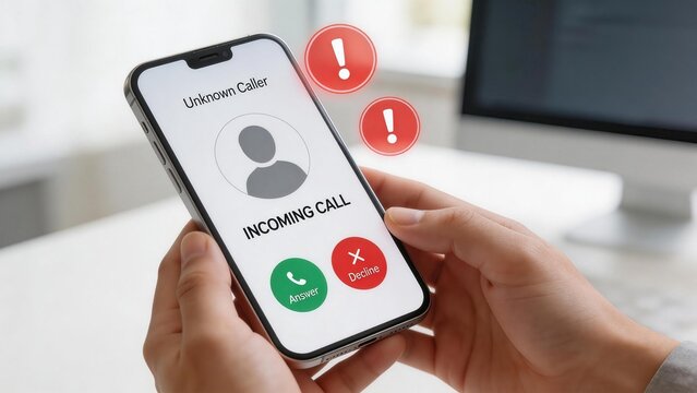 Smartphone screen showing unknown caller alert,incoming scam call warning and phone fraud risk concept,cyber security and spam protection theme