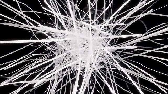 Abstract tangle of white lines on a black background.