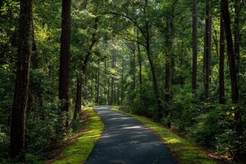 Obraz premium Sun-dappled forest walkway on a quiet paved trail