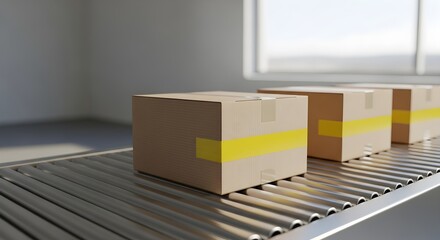 Fototapeta premium Streamlined Logistics Cardboard Boxes Moving on an Automated Conveyor Belt System in a Modern Warehouse