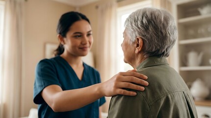 Obraz premium A young nurse comforting an elderly patient in a warm and caring environment.