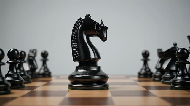 A singular black knight chess piece stands prominently on a wooden chessboard, surrounded by other black pieces.