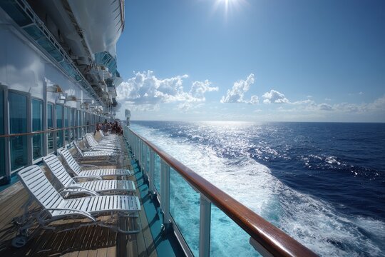 Sunny cruise deck view over the open ocean with lounge chairs and glass railings