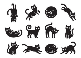 Obraz premium Set of black cats. Collection of silhouette cats in different poses. Vector illustration Drawing with children.