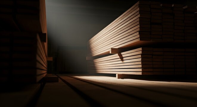 Raw Lumber Stacked in a Dim Industrial Warehouse with a Dramatic Light Beam