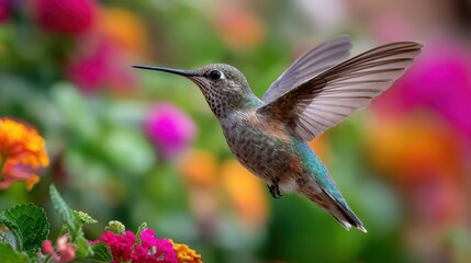 Fototapeta premium Tiny bird in rapid wingbeat skimming nectar among lush greenery
