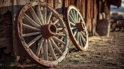 Obraz premium Time-worn wagon wheels leaning on a wooden fence in a tranquil farmyard