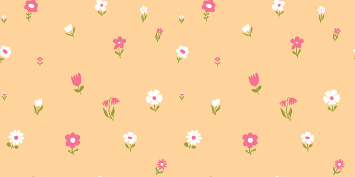 Vector hand drawn seamless pattern in simple doodle sketchy floral wavy and groovy naive style, dopamine and cottage core aesthetic