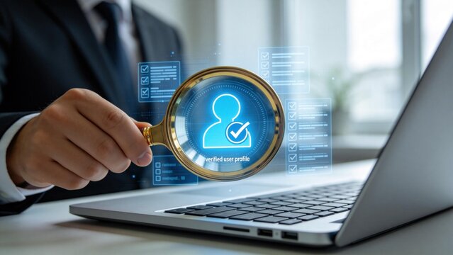 Verified user profile concept with magnifying glass over laptop,identity authentication and online security verification process for digital platforms