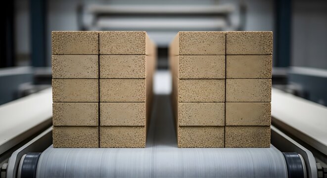 Stacks Of Pressed Material Blocks On An Automated Conveyor Belt Within An Industrial Production Line