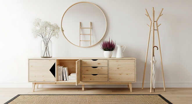 modern living room interior with wooden furniture and decor