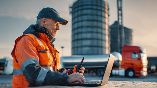 A technician in a reflective vest uses a laptop and talks on a walkie-talkie at an industrial site. A truck and oil silo can be seen in the background