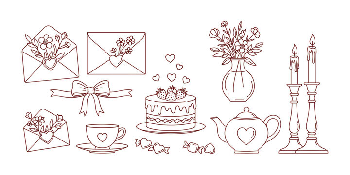 Romantic Valentine Day line art icon set featuring strawberry cake flowers envelopes tea pot candles and hearts for wedding celebration.
