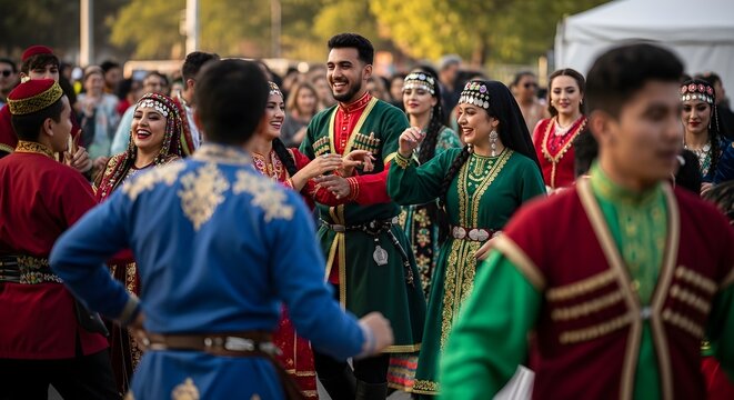 People in traditional attire dancing outdoors with crowd backdrop