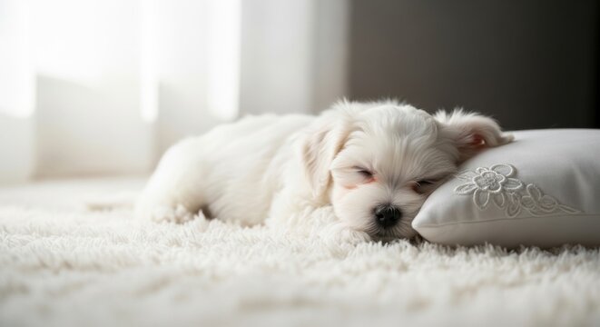 Adorable white Maltese puppy peacefully sleeping on a soft, fluffy rug with its head resting on a small pillow, bathed in gentle daylight.