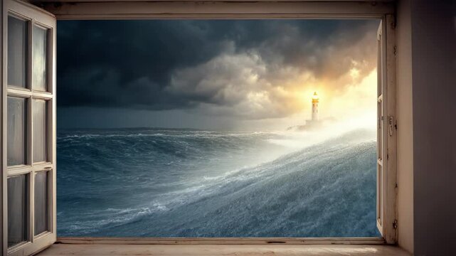 Dramatic Ocean Waves and Lighthouse View from Open Window Frame