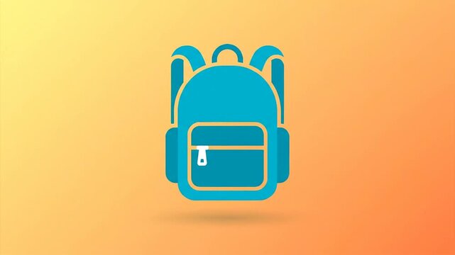 A blue backpack with a front pocket sits on a colorful gradient background.