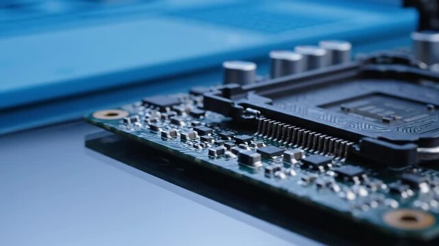 Close-up of a computer motherboard with integrated circuits and components.