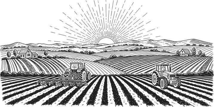 Farming landscape sunrise tractor field illustration, rural agriculture vector artwork, countryside design graphic, plowed farmland symbol, flat vector illustration