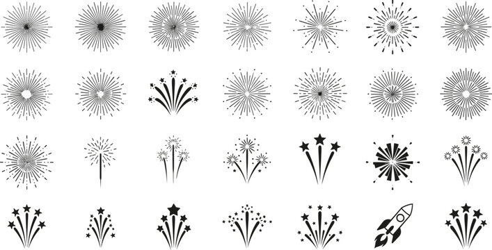 Fireworks silhouette icon collection, celebration vector artwork set, festive design graphic, rocket illustration symbol, flat vector illustration