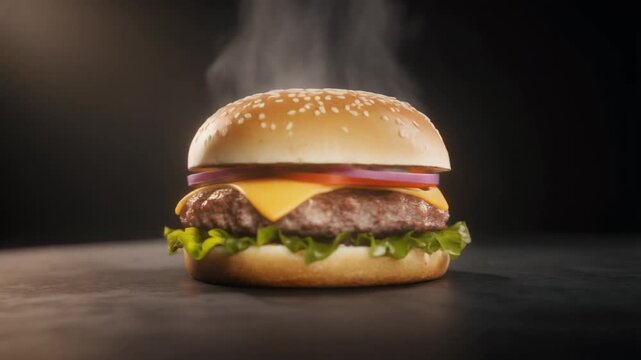 Delicious cheeseburger with steam rising.