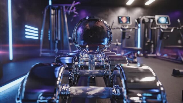Futuristic Gym Equipment in a Modern Fitness Center with Neon Lighting.