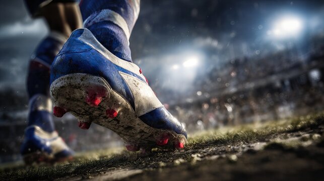 Close up of a professional soccer player feet in action on grass. AI generated image