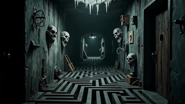 Creepy gothic hallway with mounted skulls and intricate labyrinth floor design in a mysterious dark setting