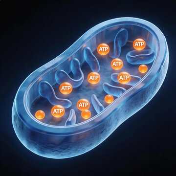 Mitochondrion cell organelle, double membrane with cristae folds, producing ATP as glowing orange molecules, 3D scientific visualization