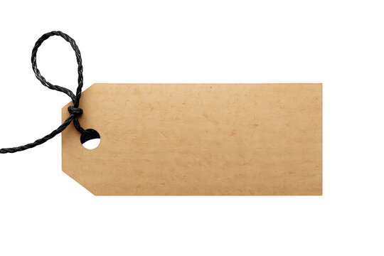 Brown kraft paper tag with blank surface and black string, ideal for pricing, sale, and gift labeling on a transparent background