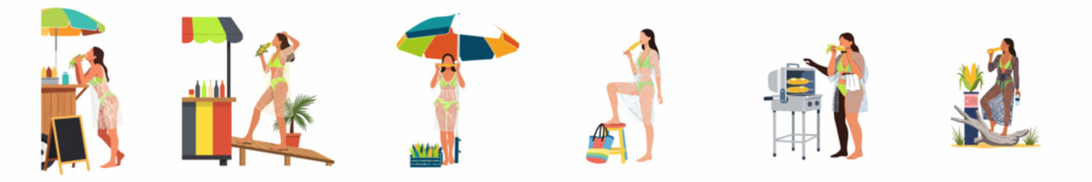 Flat illustration set of young women in bikinis and cover-ups eating grilled corn on the cob in various beach settings.