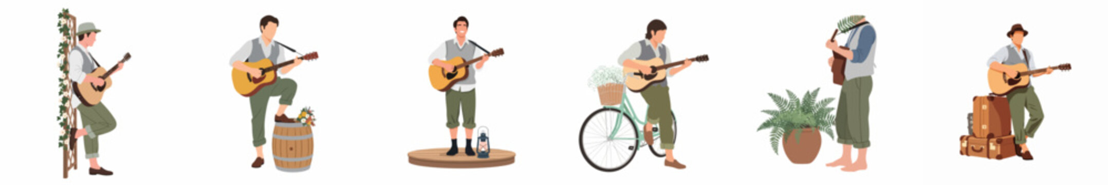 Set of flat vector illustrations featuring a male musician playing acoustic guitar in various rustic and vintage settings on a white background.