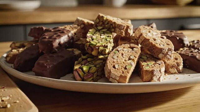 Delicious assortment of biscotti and treats, including chocolate-covered, almond, and pistachio variations, on a wooden surface.