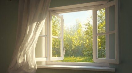 Light streams into the room through an open window. A gentle breeze moves the curtain. Outside, a park with trees and soft greenery creates a warm space © Jam