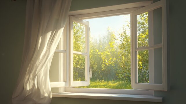Light streams into the room through an open window. A gentle breeze moves the curtain. Outside, a park with trees and soft greenery creates a warm space