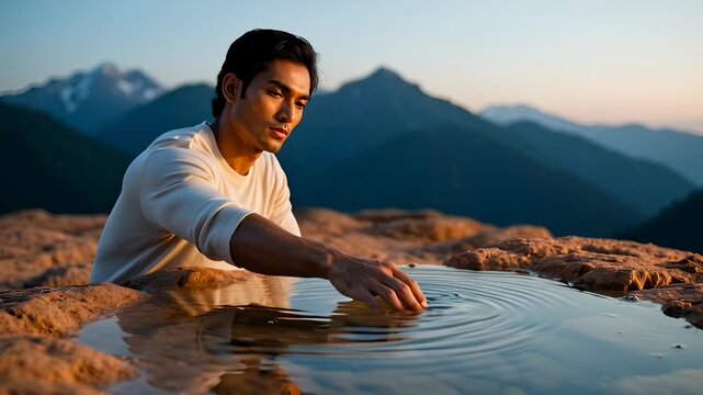 Young Man Gently Touching Water in Mountain Puddle, Creating Ripples at Sunset