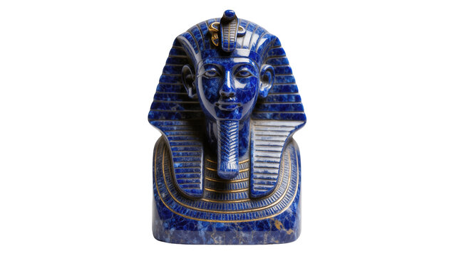 Exquisite blue Egyptian pharaoh bust featuring gold details, a historical masterpiece