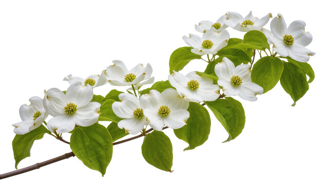 Vibrant white dogwood blossoms with fresh green leaves, a beautiful sign of spring arriving